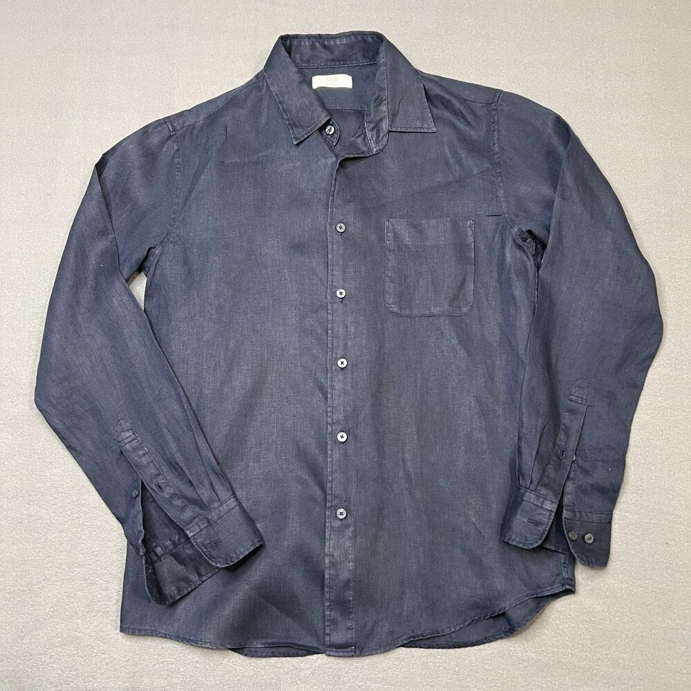 Uniqlo Shirt Men's Medium Navy Blue 100% Linen Collared Long Sleeve Button-Up